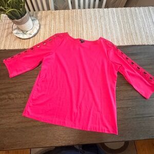 Talbots Woman Pink Crochet Cut Out Knit‎ Sleeve Top Blouse Size X 3/4 Sleeve 12W